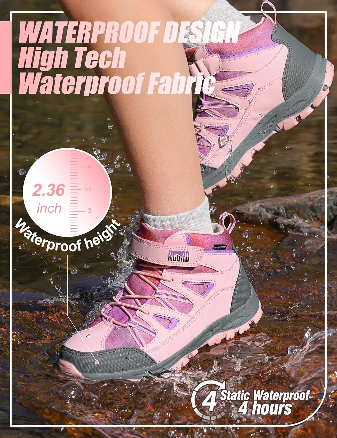 R CORD Girls Hiking Boots Waterproof Durable Kids Hiking Boots TPR Traction Hook&Loop Closure Girls Hiking Boots Anti-Skid Athletic Outdoor Boots