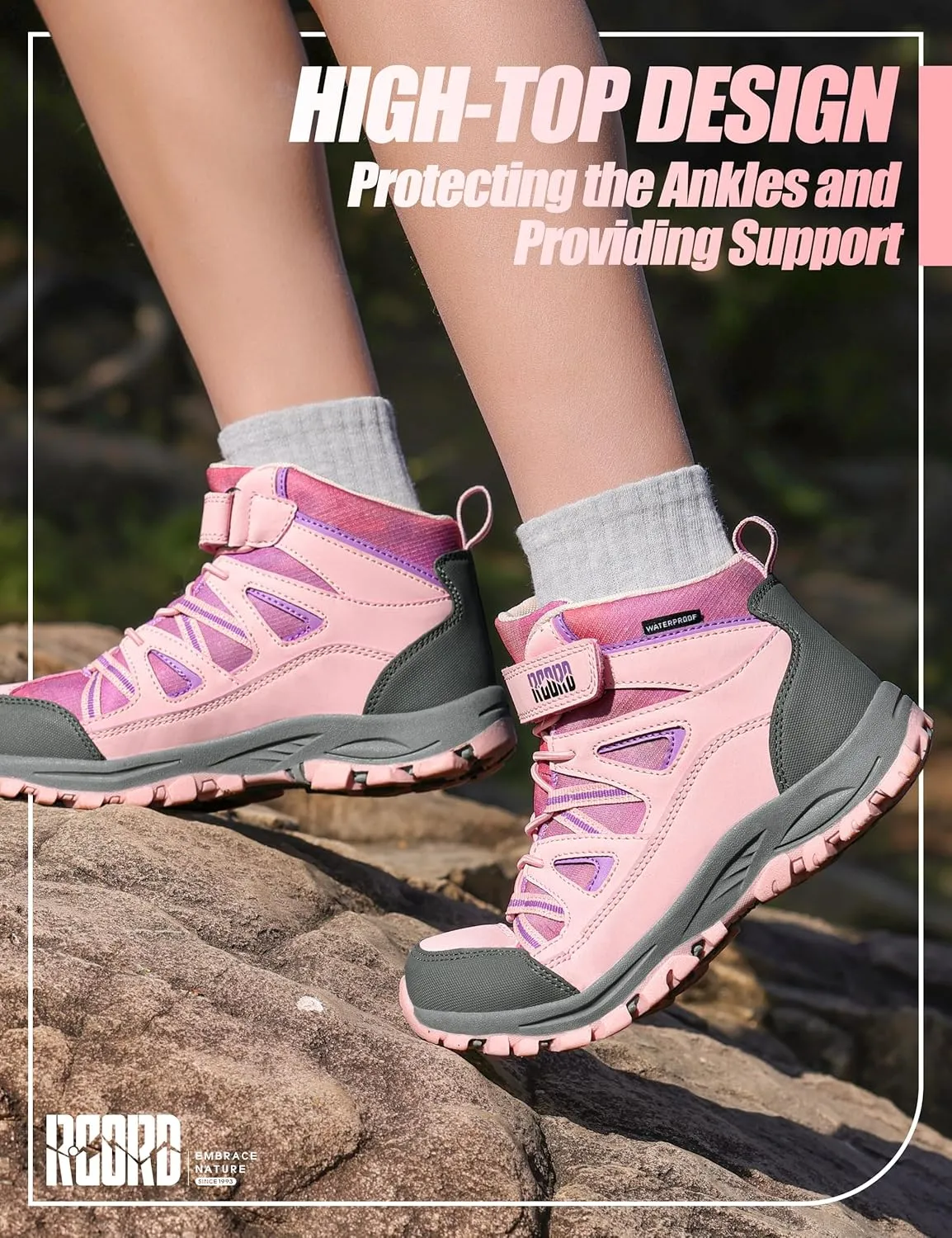 R CORD Girls Hiking Boots Waterproof Durable Kids Hiking Boots TPR Traction Hook&Loop Closure Girls Hiking Boots Anti-Skid Athletic Outdoor Boots