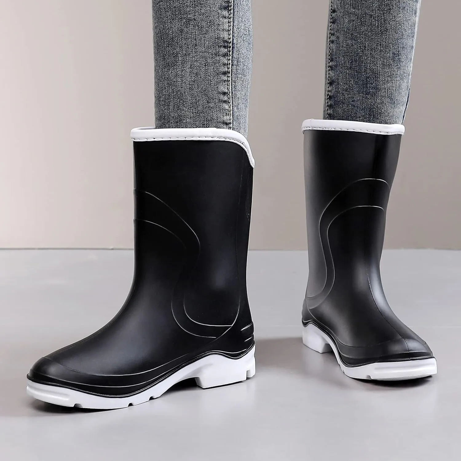 Rain Boots for Women，Waterproof Garden Rubber Boots, Non-slip Width Mid-Calf Comfort Short Boots, Ankle Rainboots Boots, Lightweight Platform Mud Boots Water Shoes for Outdoor Working Fishing