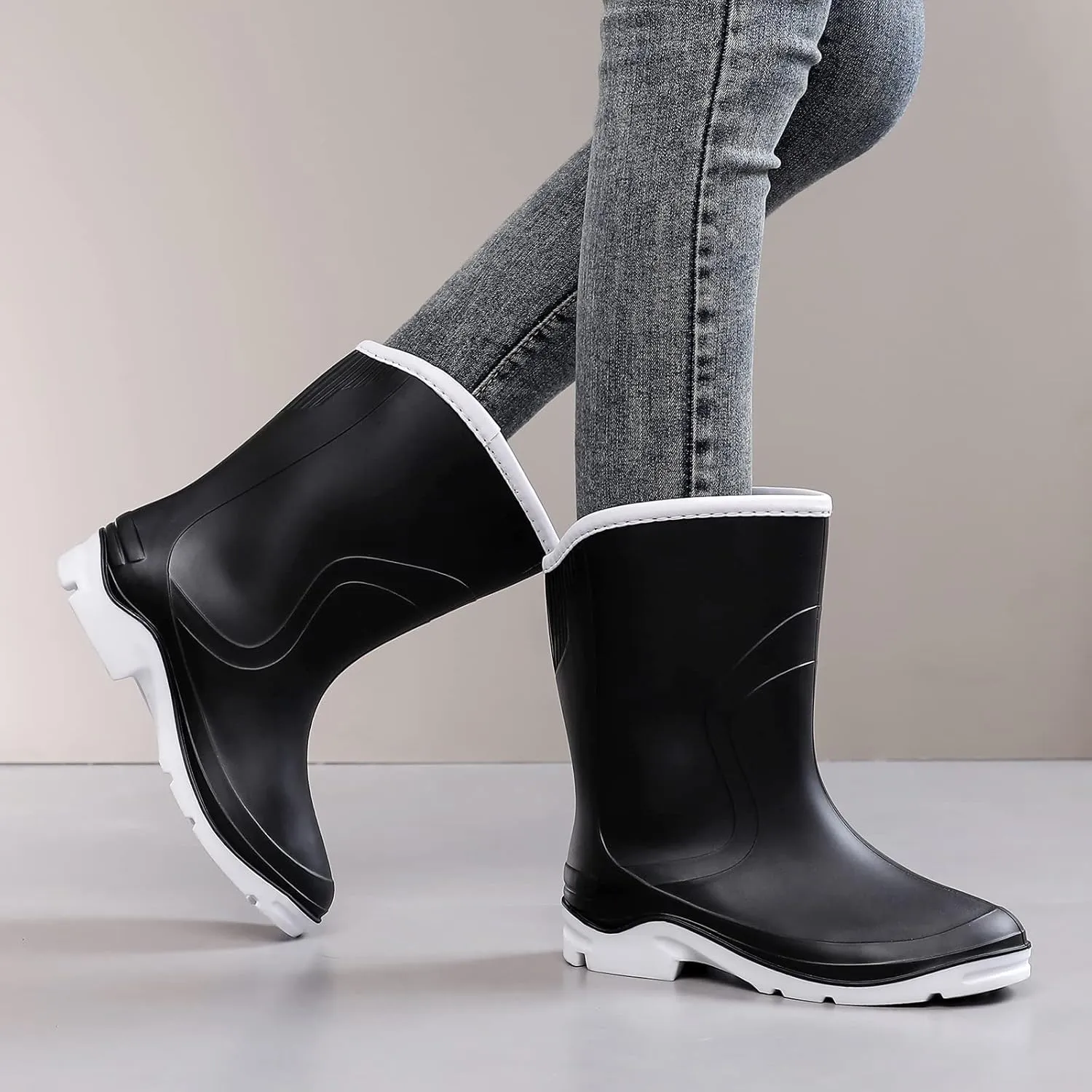 Rain Boots for Women，Waterproof Garden Rubber Boots, Non-slip Width Mid-Calf Comfort Short Boots, Ankle Rainboots Boots, Lightweight Platform Mud Boots Water Shoes for Outdoor Working Fishing