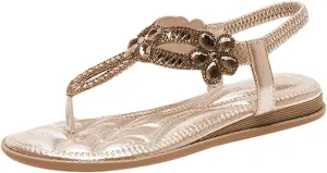 Rhinestone Sandals for Women Dressy Flower T-Strap Bohemia Flip-Flops Sandals Breathable Ankle Elastic Open Toe Sandal Walking Shoes