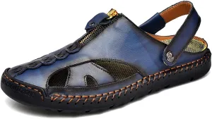 RiceelSor Mens Closed Toe Leather Handmade Sandals Adjustable Heel Strap Slip on Large Size SummerBreathable Comfortable Lightweight Beach Outdoor Fisherman Slippers