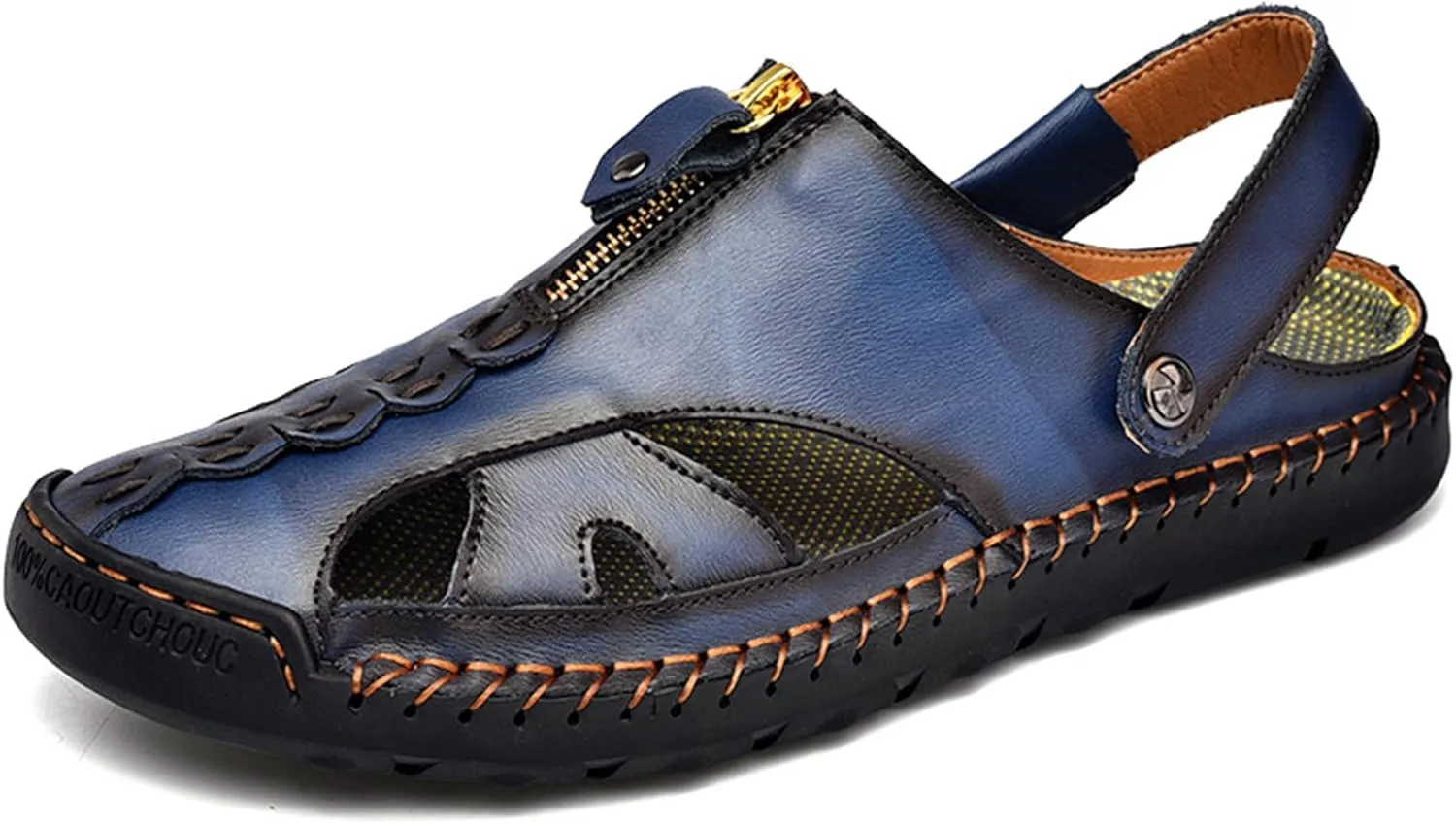 RiceelSor Mens Closed Toe Leather Handmade Sandals Adjustable Heel Strap Slip on Large Size SummerBreathable Comfortable Lightweight Beach Outdoor Fisherman Slippers