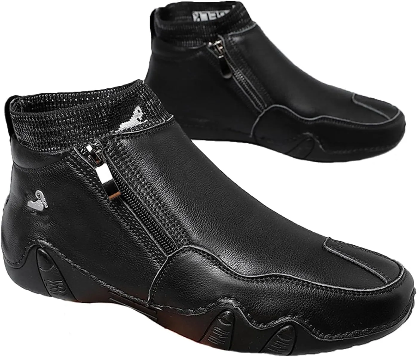 RiceelSor Men's Leather Casual Hand-Stitching Side Zipper High Top Loafers Fully Fur Lined Warm Ankle Boots Non-Slip Waterproof For Office Dress Driving Chukka Boot