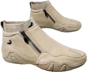 RiceelSor Men's Leather Casual Hand-Stitching Side Zipper High Top Loafers Fully Fur Lined Warm Ankle Boots Non-Slip Waterproof For Office Dress Driving Chukka Boot