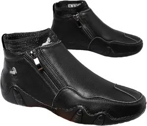 RiceelSor Men's Leather Casual Hand-Stitching Side Zipper High Top Loafers Fully Fur Lined Warm Ankle Boots Non-Slip Waterproof For Office Dress Driving Chukka Boot