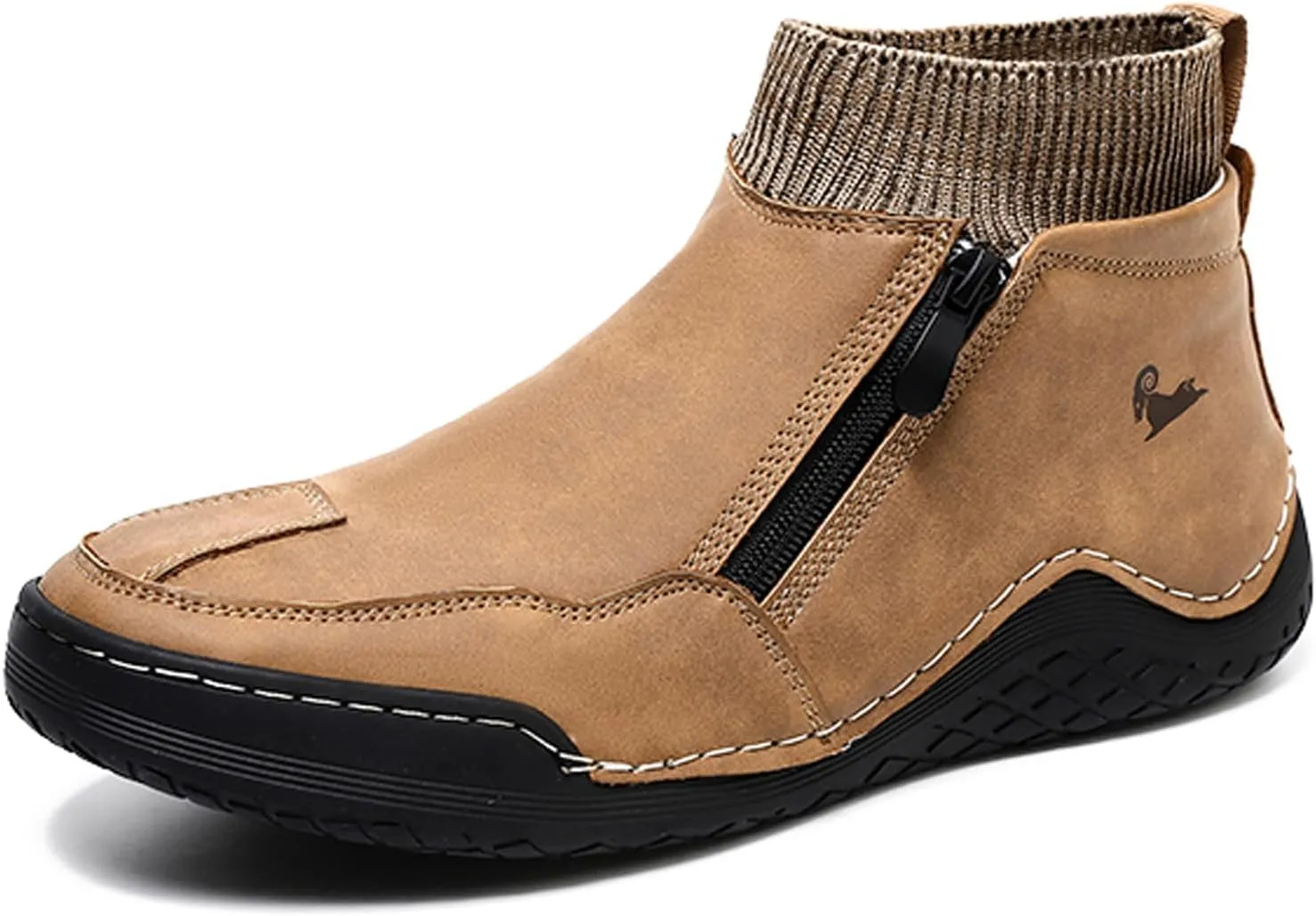 RiceelSor Men's Leather Casual Sock High Top Loafers Hand-Stitching Side Zipper Non-Slip Driving Ankle Chukka Boots Comfort Fully Fur Lined Warm Dress Shoe