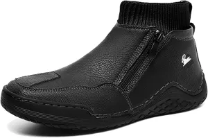 RiceelSor Men's Leather Casual Sock High Top Loafers Hand-Stitching Side Zipper Non-Slip Driving Ankle Chukka Boots Comfort Fully Fur Lined Warm Dress Shoe
