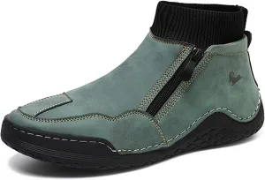 RiceelSor Men's Leather Sock High Top Loafers Hand-Stitching Side Zipper Fully Fur Lined Warm Comfort Driving Ankle Chukka Boots Non-Slip Dress Shoe