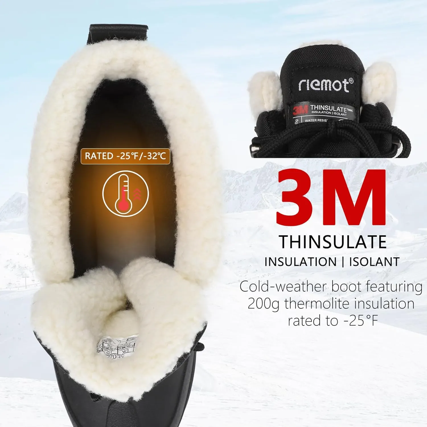 riemot Women's Men's Winter Snow Boots Waterproof Outdoor Boots Anti-slip Comfortable Boots Warm Fur Collar Shoes for Hiking Walking Camping Lace-up Shoes US 5-13 Black Brown