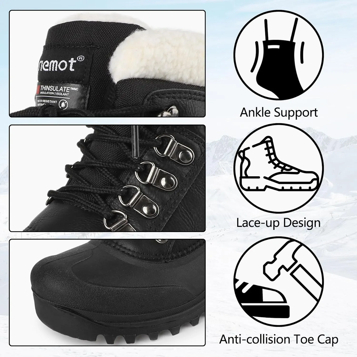riemot Women's Men's Winter Snow Boots Waterproof Outdoor Boots Anti-slip Comfortable Boots Warm Fur Collar Shoes for Hiking Walking Camping Lace-up Shoes US 5-13 Black Brown