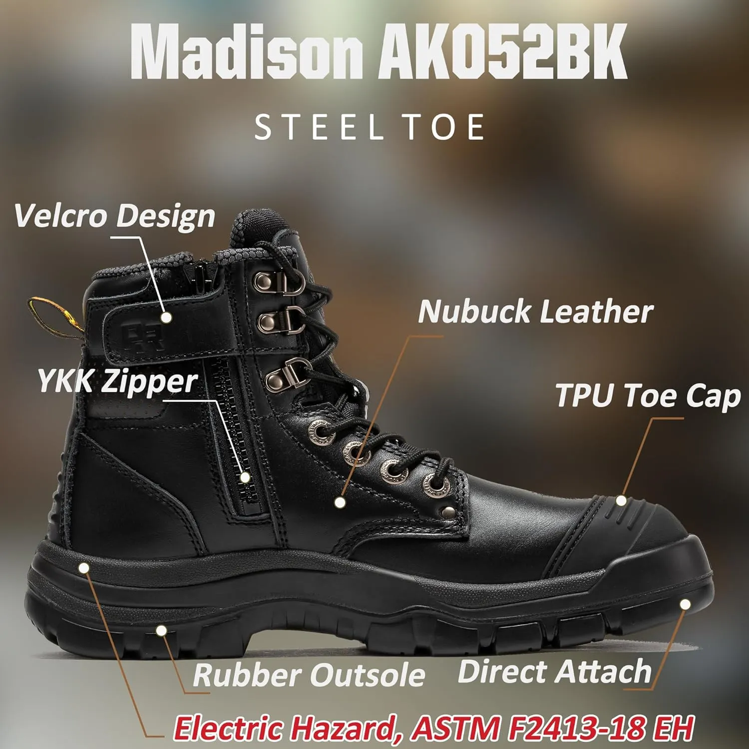 ROCKROOSTER Madison 6" Steel Toe Work Boots for Men with YKK Side Zipper Toe Cap Non-Slip Rubber Outsole, Comfortable Side Zip Lightweight Breathable Leather Shoes, Metal, ASTM F2413-18 M/I/C EH AK052