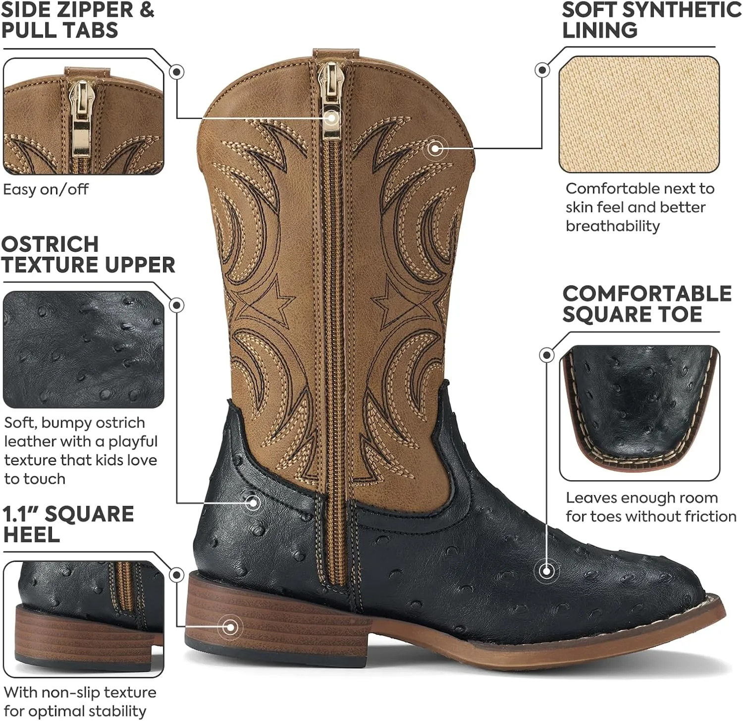 Rollda Kids Cowboy Boots Girls Cowgirl Boots Square Toe Boys Western Boots for Toddler/Little Kid/Big Kid