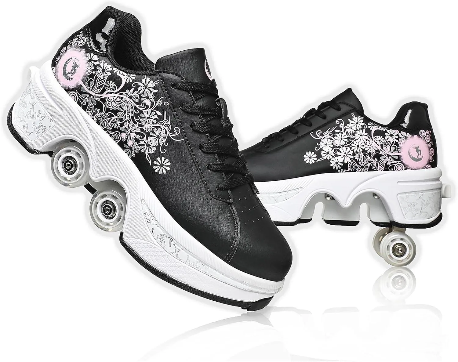 Roller Skate Shoes for Women Four Rounds Children's Roller Skates Shoes That Turn into Rollerskates Sneakers Outdoor Light Shoes with Wheels for Girls/Boys