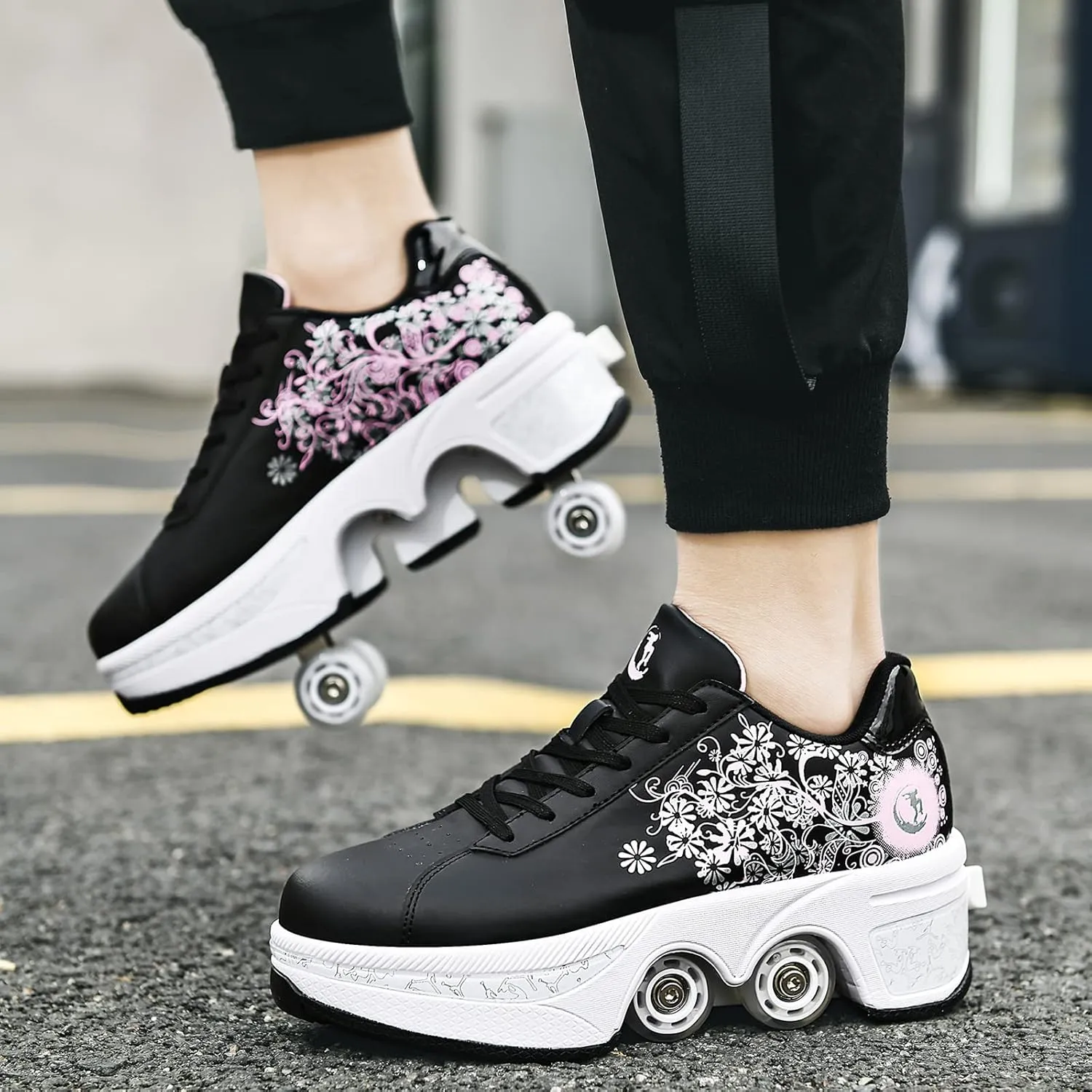 Roller Skate Shoes for Women Four Rounds Children's Roller Skates Shoes That Turn into Rollerskates Sneakers Outdoor Light Shoes with Wheels for Girls/Boys