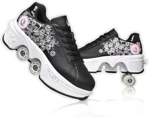Roller Skate Shoes for Women Four Rounds Children's Roller Skates Shoes That Turn into Rollerskates Sneakers Outdoor Light Shoes with Wheels for Girls/Boys