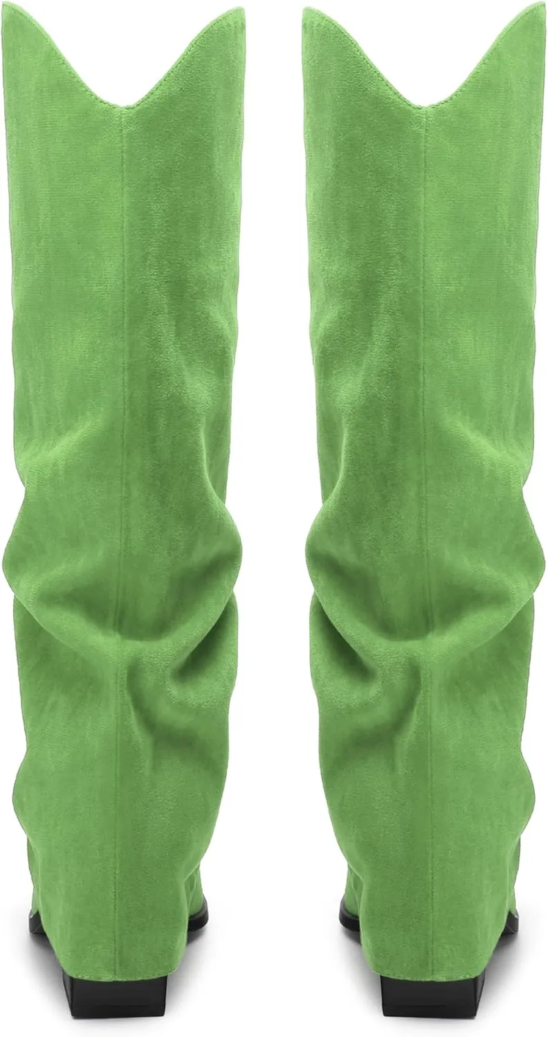 Roserwish Women's Slouchy Knee High Boots - Fold Over Mid Calf, Wide Calf, Pointed Toe, Chunky Heel, Pull-On Fall Winter Dress Shoes