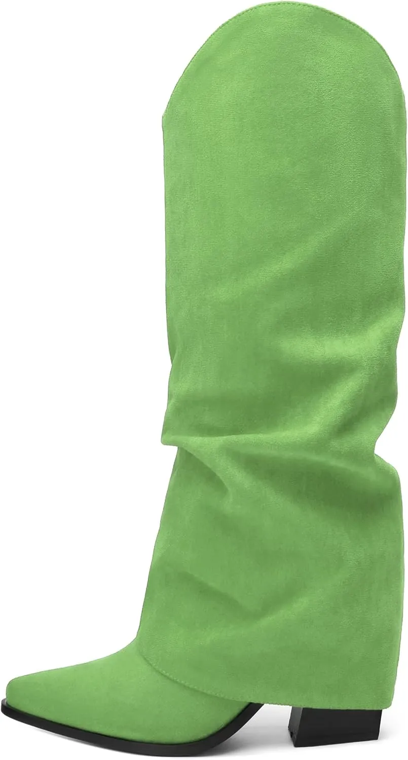 Roserwish Women's Slouchy Knee High Boots - Fold Over Mid Calf, Wide Calf, Pointed Toe, Chunky Heel, Pull-On Fall Winter Dress Shoes