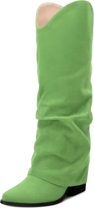 Roserwish Women's Slouchy Knee High Boots - Fold Over Mid Calf, Wide Calf, Pointed Toe, Chunky Heel, Pull-On Fall Winter Dress Shoes