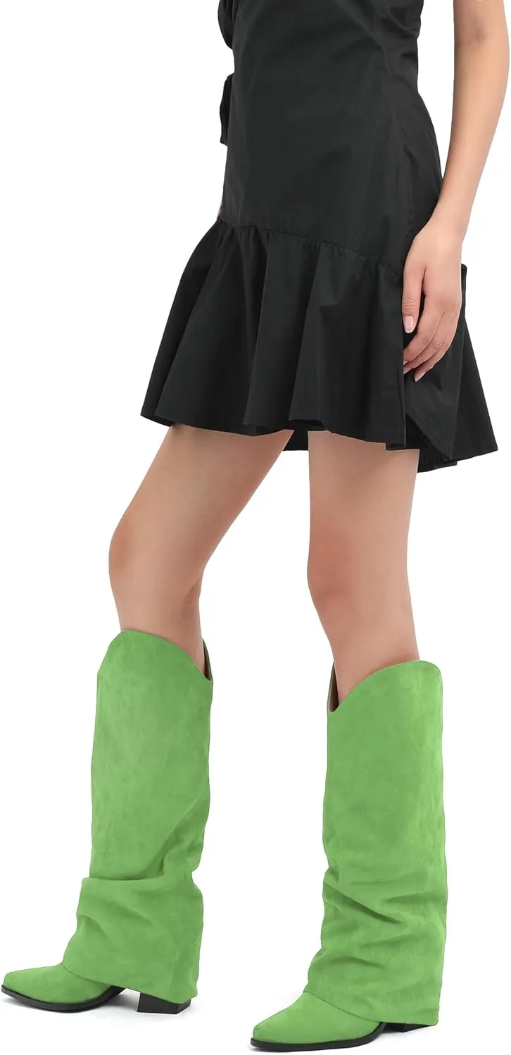 Roserwish Women's Slouchy Knee High Boots - Fold Over Mid Calf, Wide Calf, Pointed Toe, Chunky Heel, Pull-On Fall Winter Dress Shoes