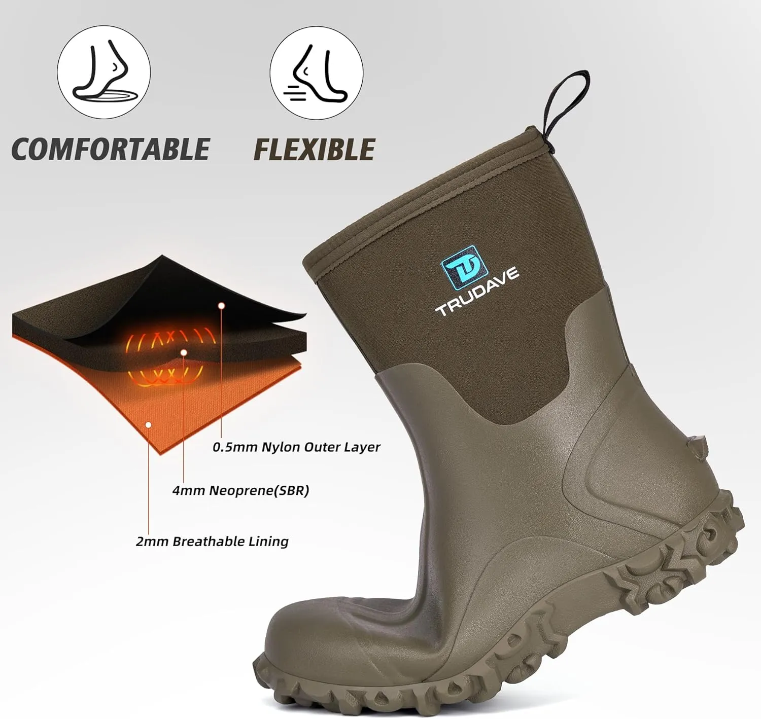 Rubber Boots for Men, 6mm Neoprene Insulated Mud Boots with Steel Shank, Men's Mid Calf Waterproof Rain Boots,Anti-Slip Rubber Work Boots for Farming Gardening Fishing,Size 7-13