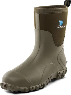 Rubber Boots for Men, 6mm Neoprene Insulated Mud Boots with Steel Shank, Men's Mid Calf Waterproof Rain Boots,Anti-Slip Rubber Work Boots for Farming Gardening Fishing,Size 7-13