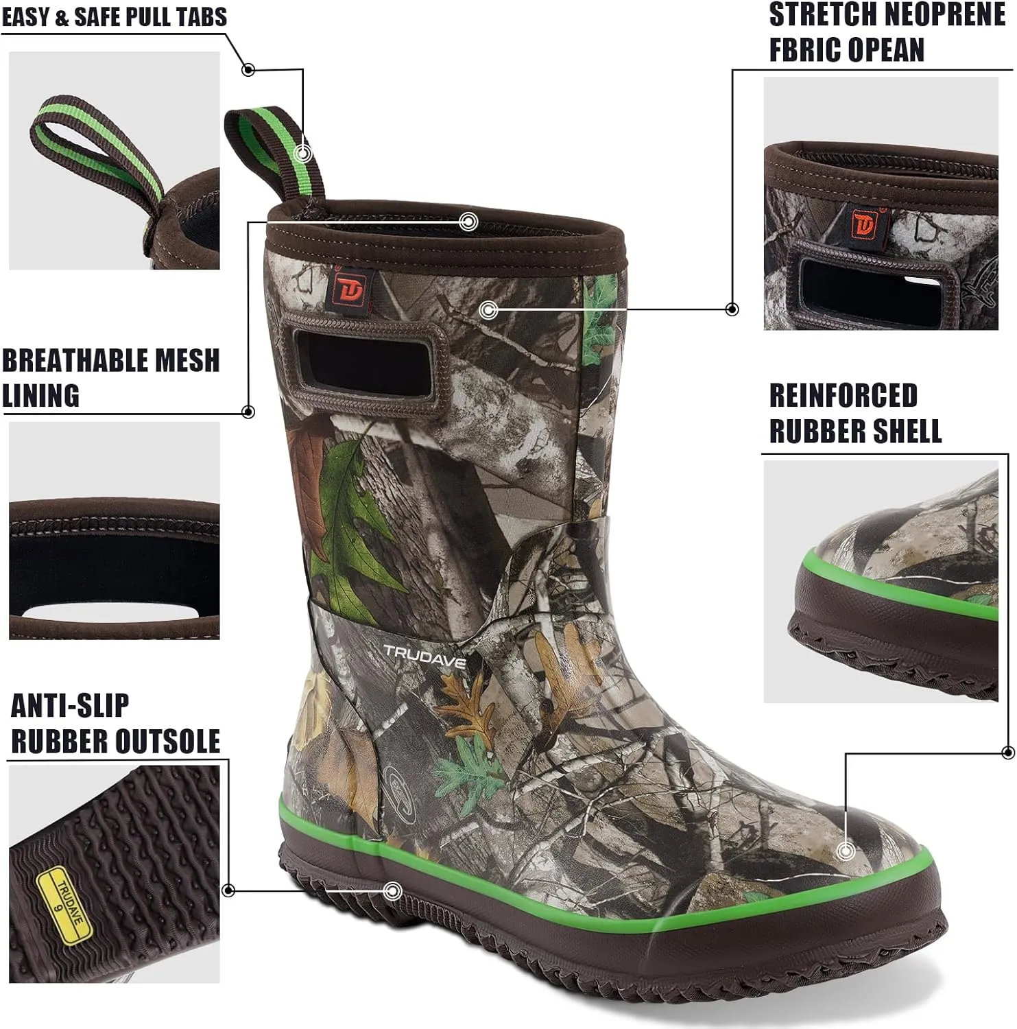 Rubber Boots for Men, Warm 4.5mm Neoprene Waterproof Insulated Rain Boots, Mid Calf All-Season Mud Boots for Outdoor Work Hunting (Size 6-13)