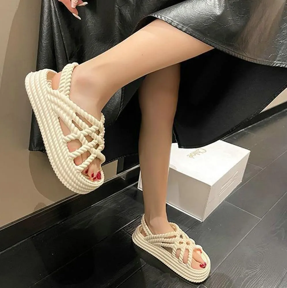 Rungion Women's Comfortable Platform Sandals Braided Criss-Cross Slide Strappy Walking Sandals Outdoor Summer Beach Slipper Shose