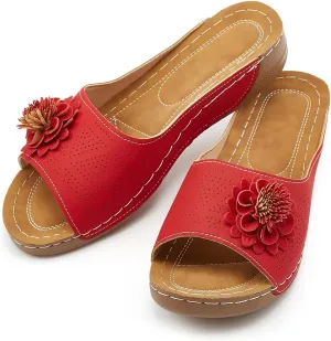 Rungion Womens Summer Beach Sandals Wedge Low Open Toe Slides Ladies Dressy Sandals Slipper Platform Comfortable Flower Sandals