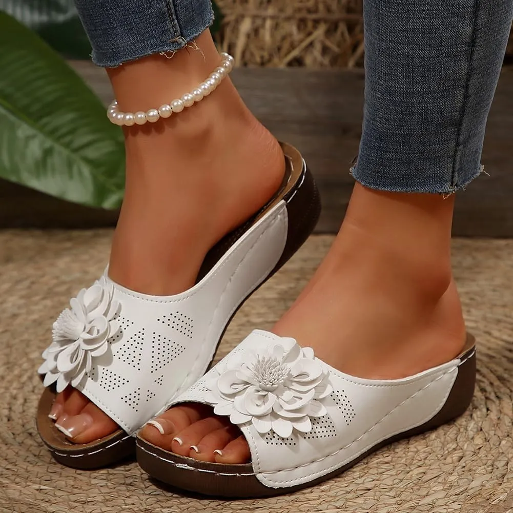 Rungion Womens Summer Beach Sandals Wedge Low Open Toe Slides Ladies Dressy Sandals Slipper Platform Comfortable Flower Sandals