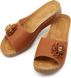 Rungion Womens Summer Beach Sandals Wedge Low Open Toe Slides Ladies Dressy Sandals Slipper Platform Comfortable Flower Sandals