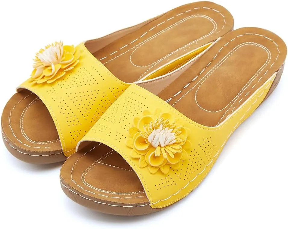 Rungion Womens Summer Beach Sandals Wedge Low Open Toe Slides Ladies Dressy Sandals Slipper Platform Comfortable Flower Sandals