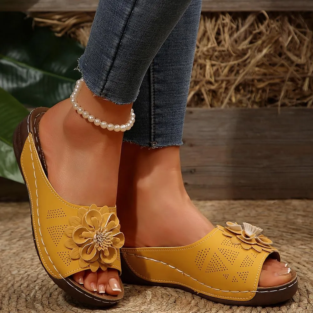 Rungion Womens Summer Beach Sandals Wedge Low Open Toe Slides Ladies Dressy Sandals Slipper Platform Comfortable Flower Sandals