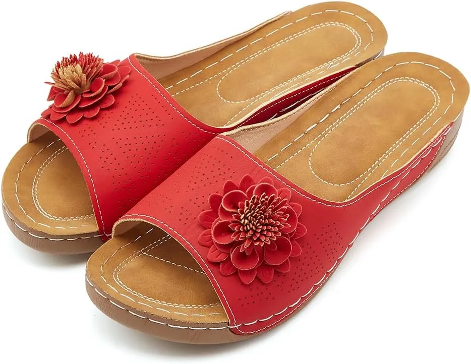 Rungion Womens Summer Beach Sandals Wedge Low Open Toe Slides Ladies Dressy Sandals Slipper Platform Comfortable Flower Sandals