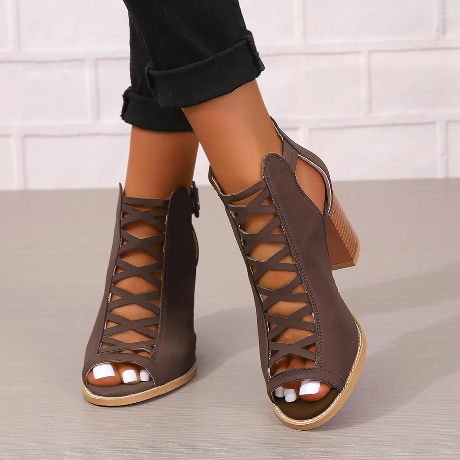 SACFOF Women Open Toe Crisscross High Heel Sandals Faux Suede Cutout Sandal with Adjustable Ankle Strap and Back Zipper