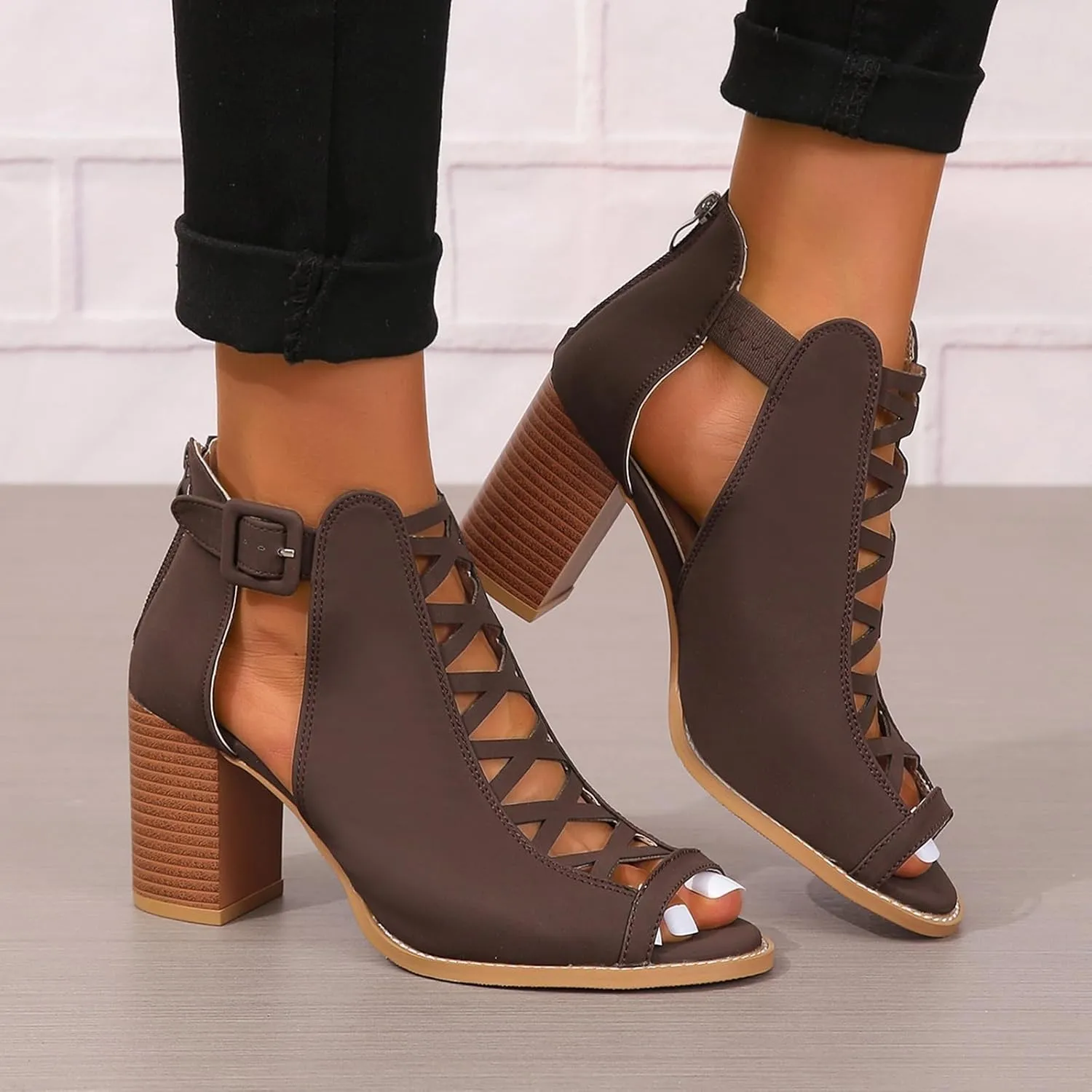 SACFOF Women Open Toe Crisscross High Heel Sandals Faux Suede Cutout Sandal with Adjustable Ankle Strap and Back Zipper