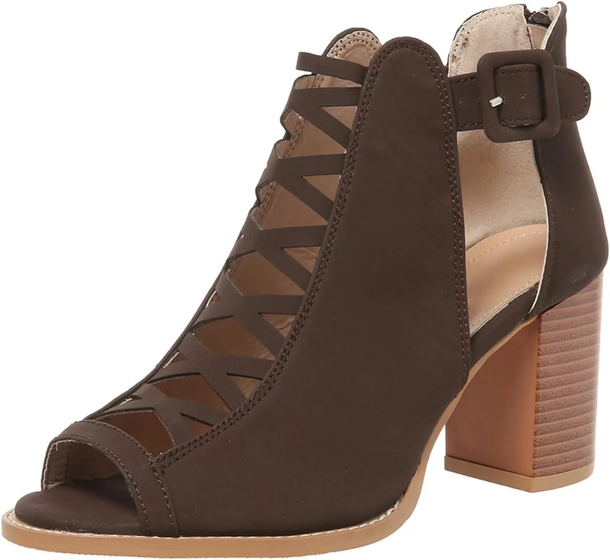 SACFOF Women Open Toe Crisscross High Heel Sandals Faux Suede Cutout Sandal with Adjustable Ankle Strap and Back Zipper