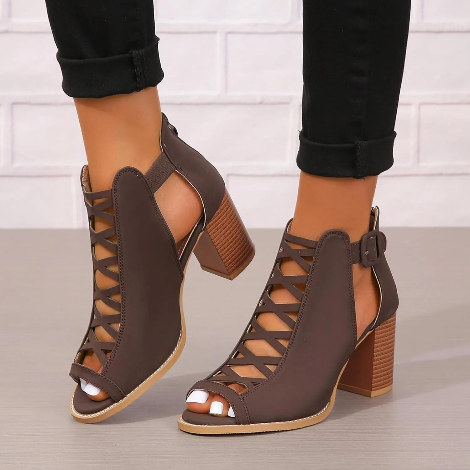 SACFOF Women Open Toe Crisscross High Heel Sandals Faux Suede Cutout Sandal with Adjustable Ankle Strap and Back Zipper