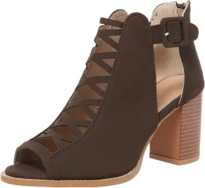 SACFOF Women Open Toe Crisscross High Heel Sandals Faux Suede Cutout Sandal with Adjustable Ankle Strap and Back Zipper