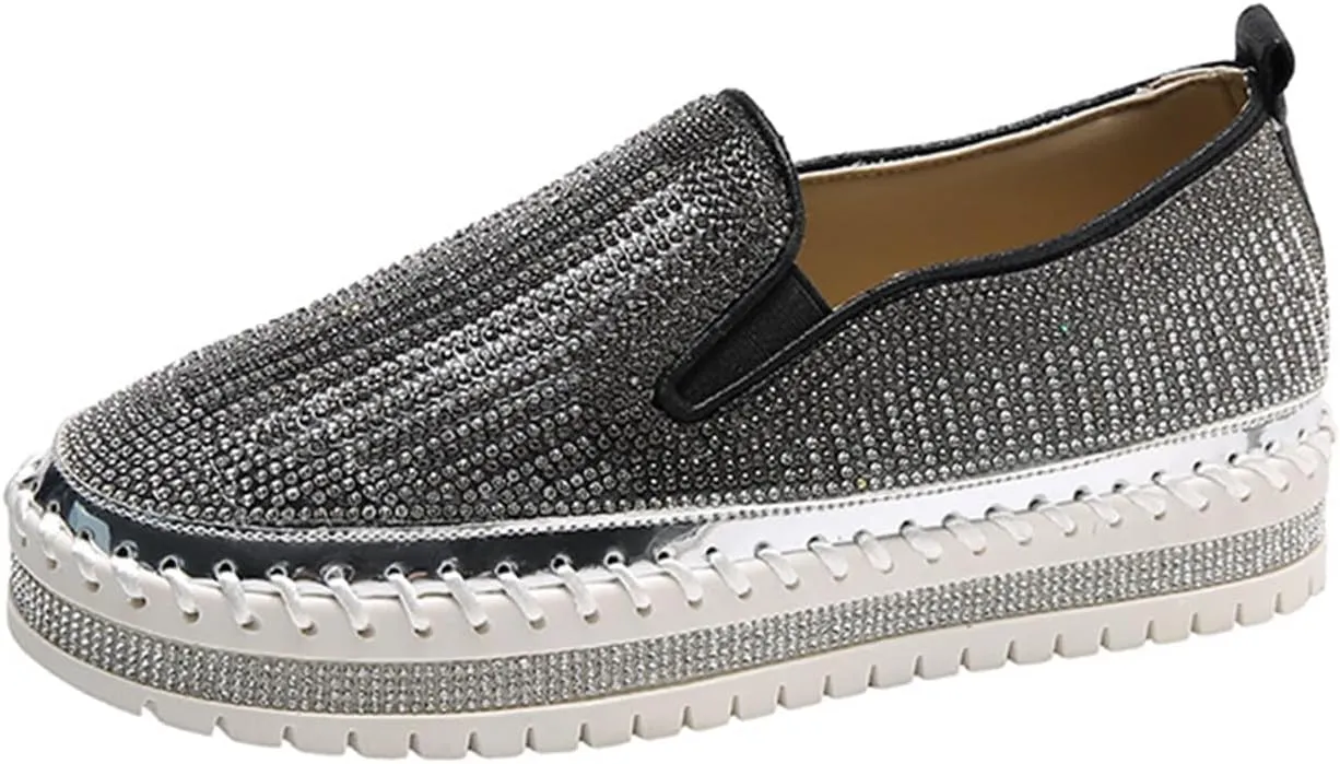 SACFOF Women's Platform Rhinestones Glitter Sneaker Slip On Comfort Platform Walking Shoes Sneaker Flat Loafer Bling Shoes