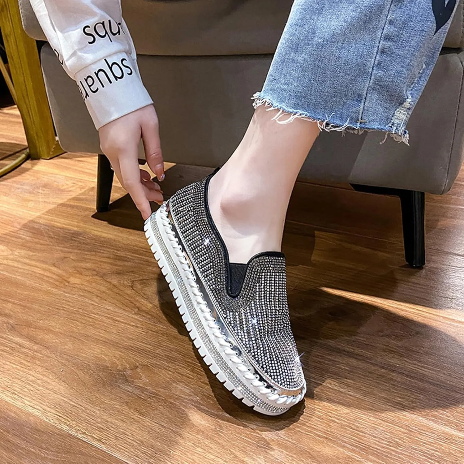 SACFOF Women's Platform Rhinestones Glitter Sneaker Slip On Comfort Platform Walking Shoes Sneaker Flat Loafer Bling Shoes