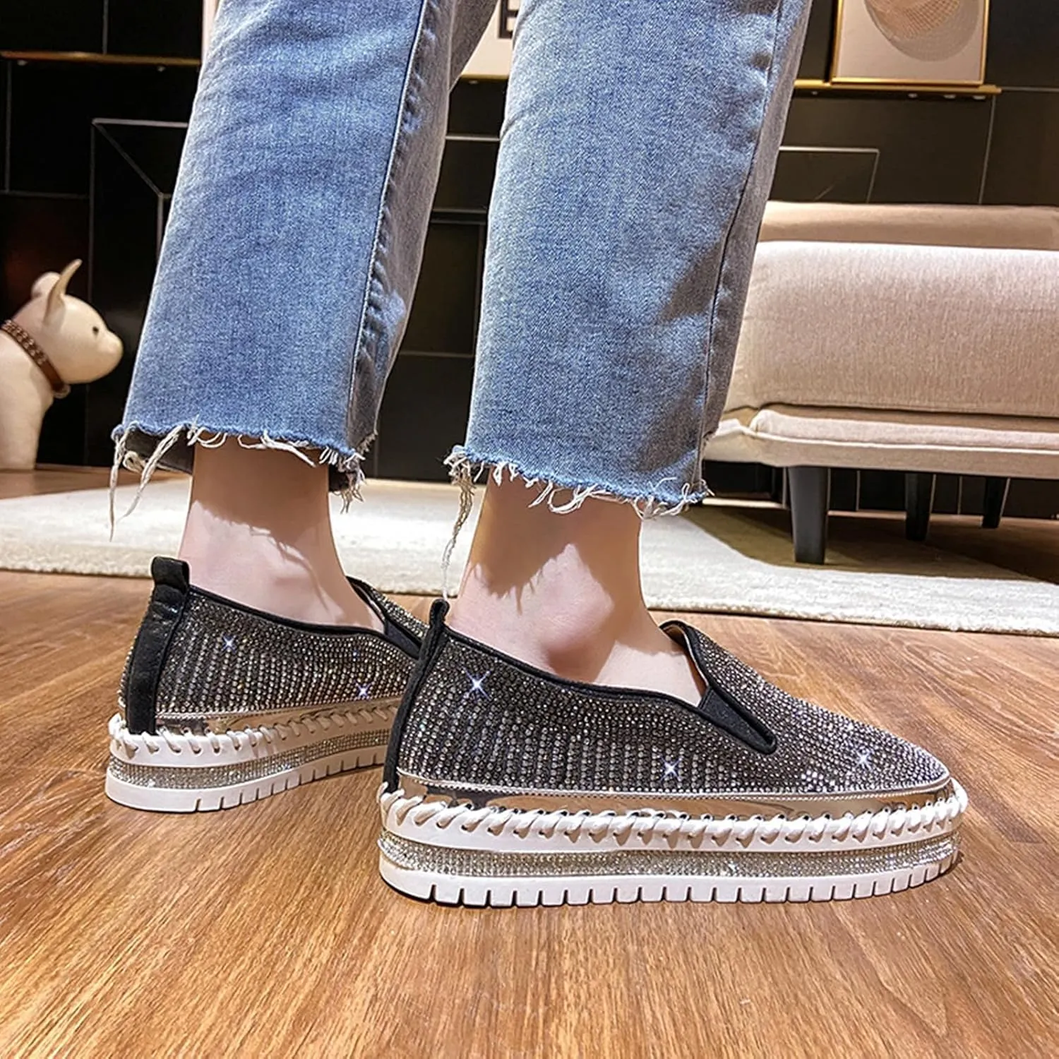 SACFOF Women's Platform Rhinestones Glitter Sneaker Slip On Comfort Platform Walking Shoes Sneaker Flat Loafer Bling Shoes