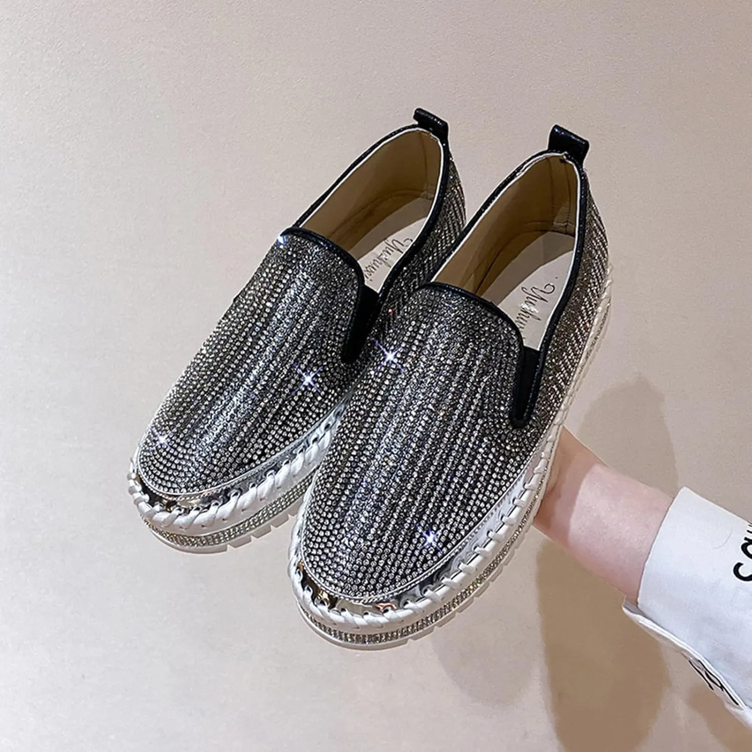 SACFOF Women's Platform Rhinestones Glitter Sneaker Slip On Comfort Platform Walking Shoes Sneaker Flat Loafer Bling Shoes