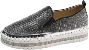 SACFOF Women's Platform Rhinestones Glitter Sneaker Slip On Comfort Platform Walking Shoes Sneaker Flat Loafer Bling Shoes