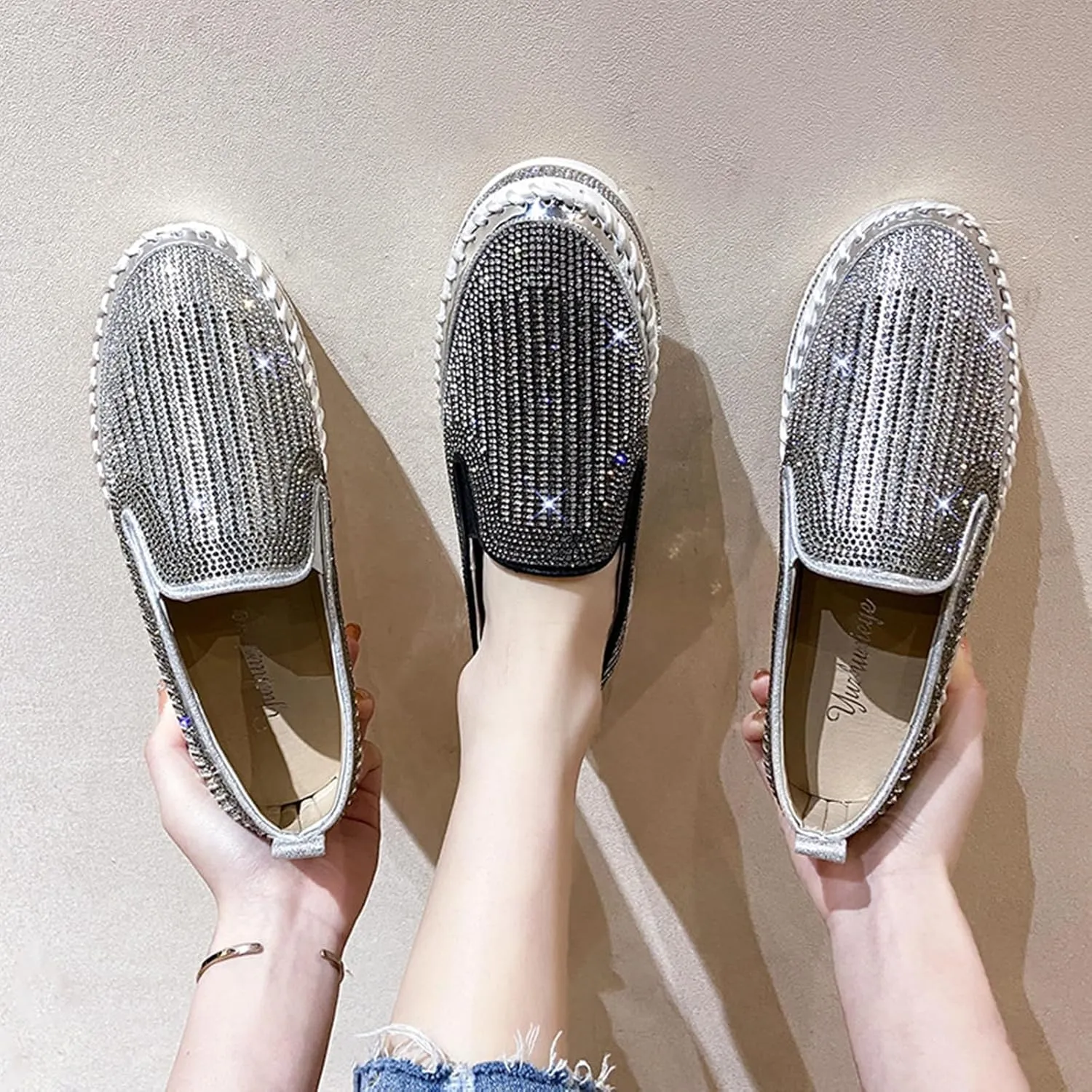 SACFOF Women's Platform Rhinestones Glitter Sneaker Slip On Comfort Platform Walking Shoes Sneaker Flat Loafer Bling Shoes