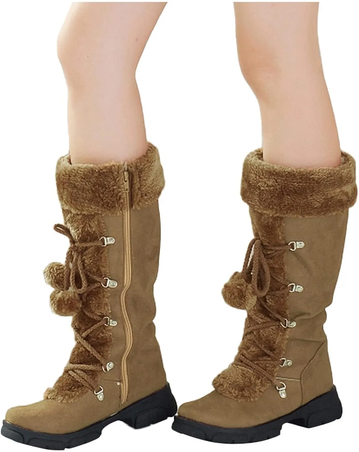 SACFOF Women's Winter Warm Knee High Riding Boots Comfy Side Zipper Suede Plush Ball Lace-up Collar Knight Snow Boots