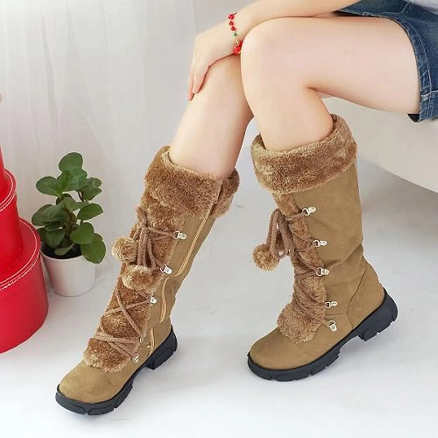 SACFOF Women's Winter Warm Knee High Riding Boots Comfy Side Zipper Suede Plush Ball Lace-up Collar Knight Snow Boots