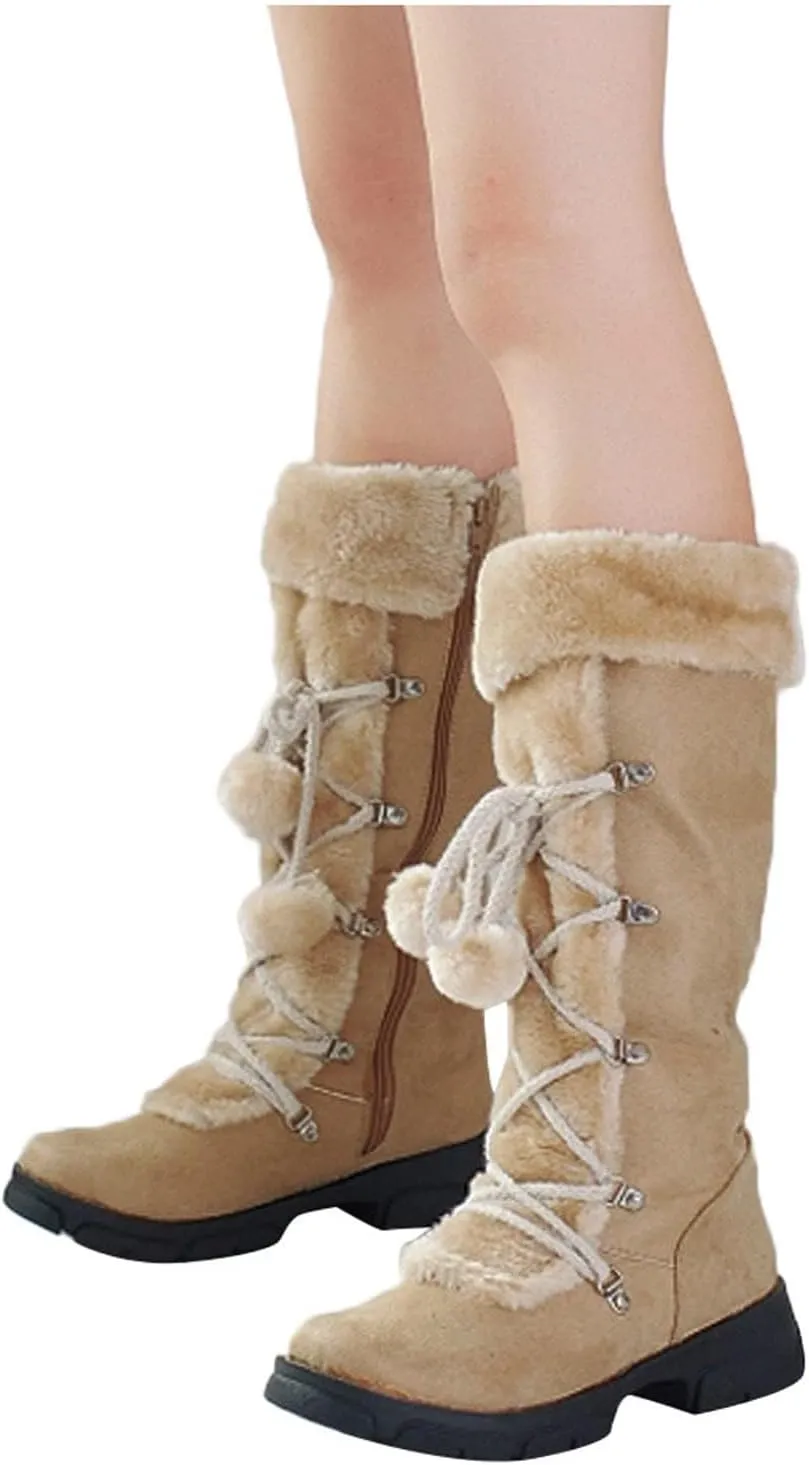 SACFOF Women's Winter Warm Knee High Riding Boots Comfy Side Zipper Suede Plush Ball Lace-up Collar Knight Snow Boots