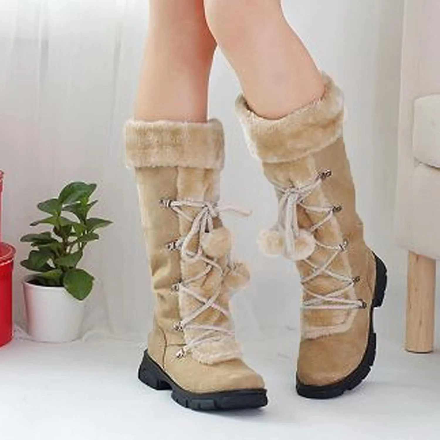 SACFOF Women's Winter Warm Knee High Riding Boots Comfy Side Zipper Suede Plush Ball Lace-up Collar Knight Snow Boots