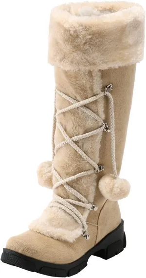 SACFOF Women's Winter Warm Knee High Riding Boots Comfy Side Zipper Suede Plush Ball Lace-up Collar Knight Snow Boots